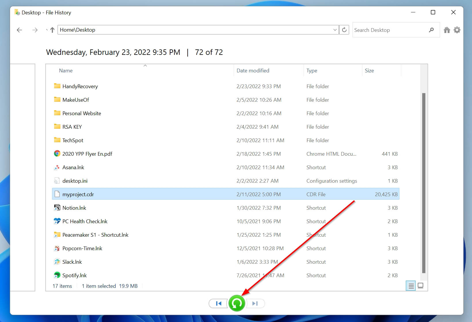 A CDR file in Windows File History.