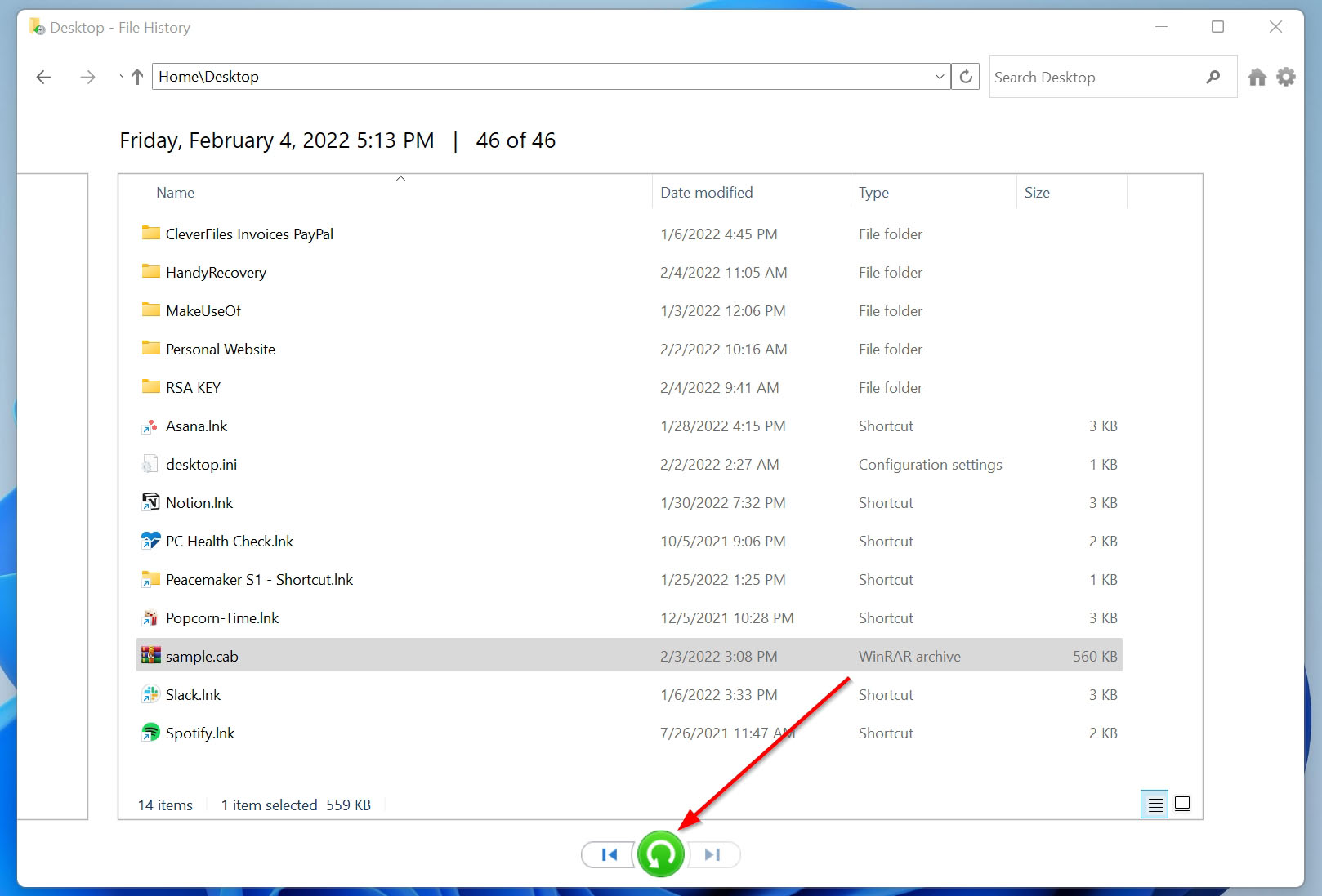 A CAB file in Windows File History.