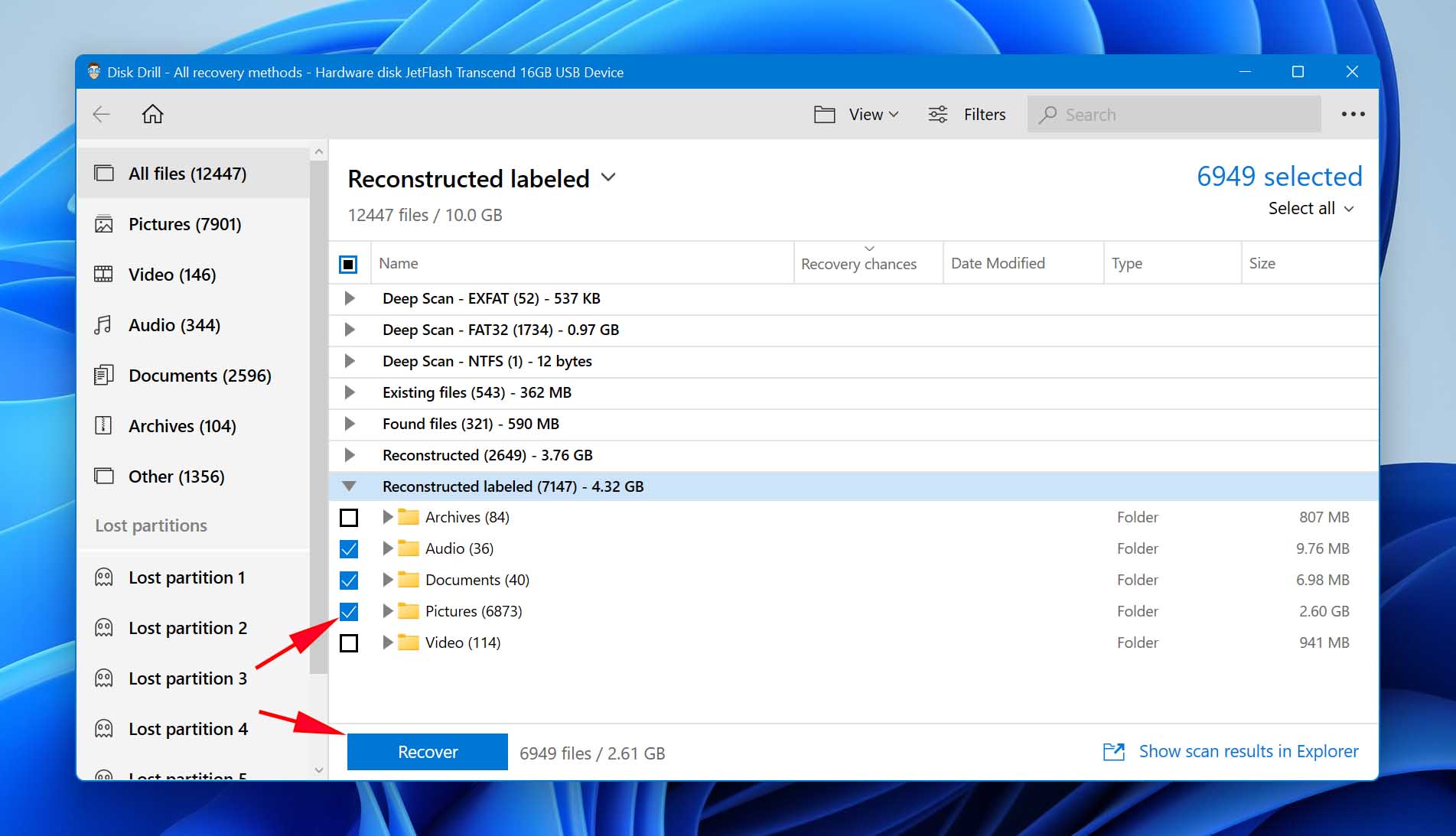 Select and recover deleted files.