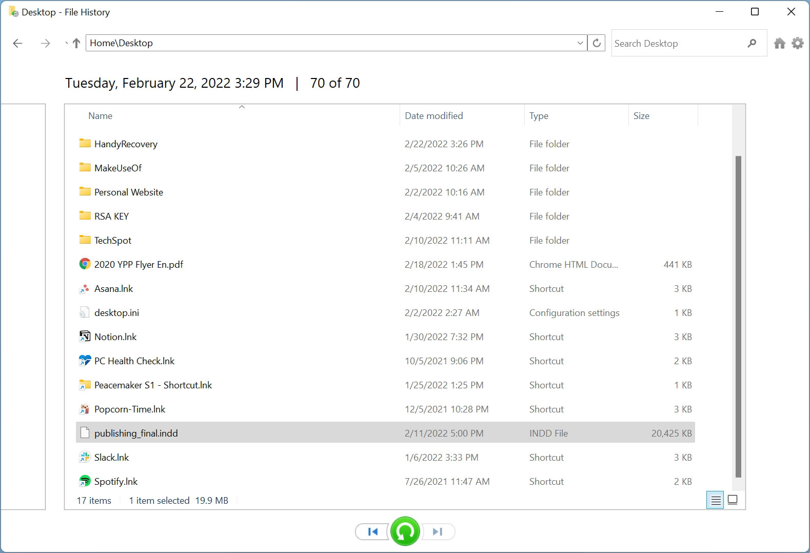 An INDD file in the File History feature in Windows 11.