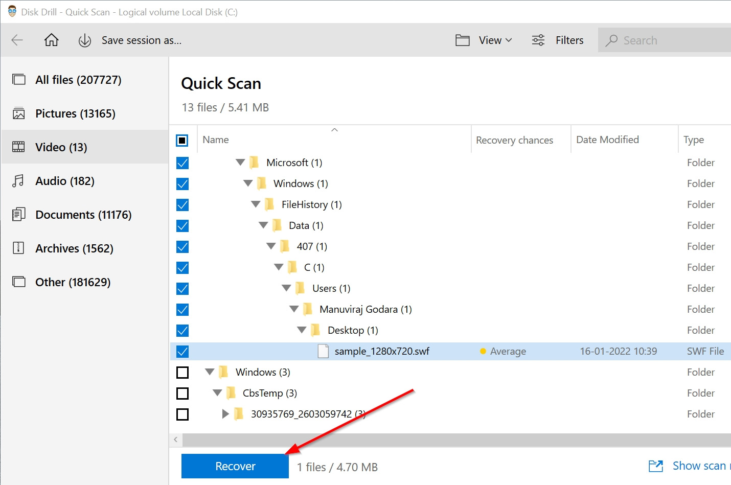 Recovering an SWF file using Disk Drill.