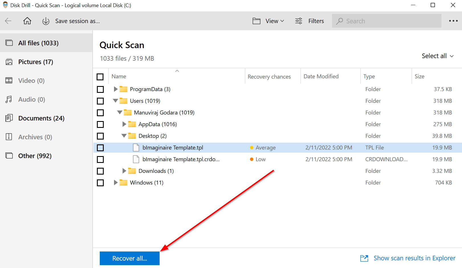 A recoverable TP file in Disk Drill.