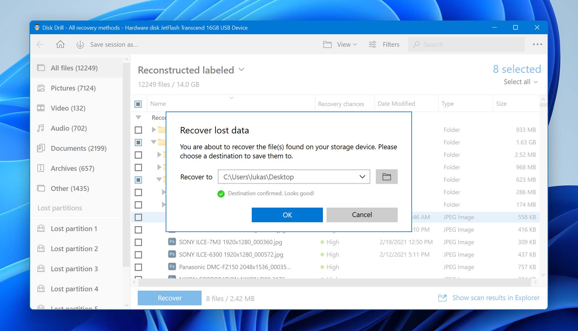 Choose location to recover lost files.