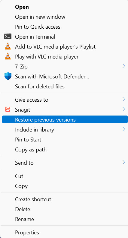 restore previous version context menu