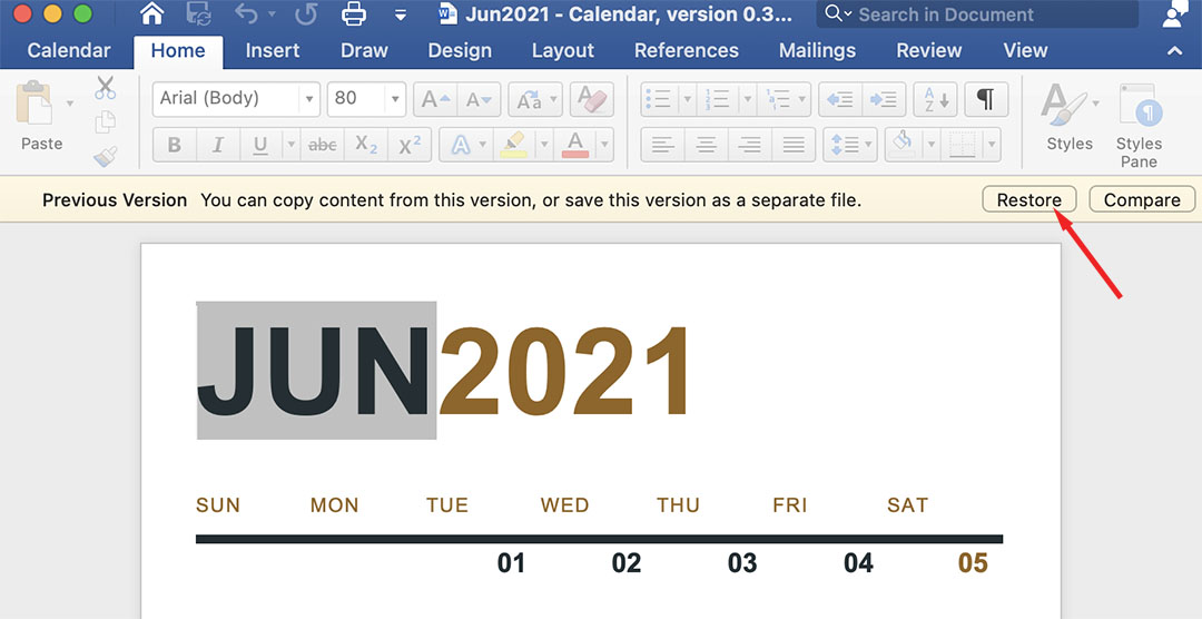 restore previous version of world document
