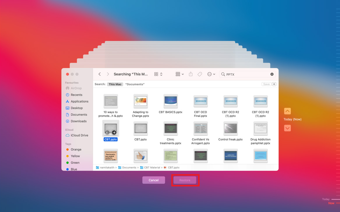 restoring files through time machine