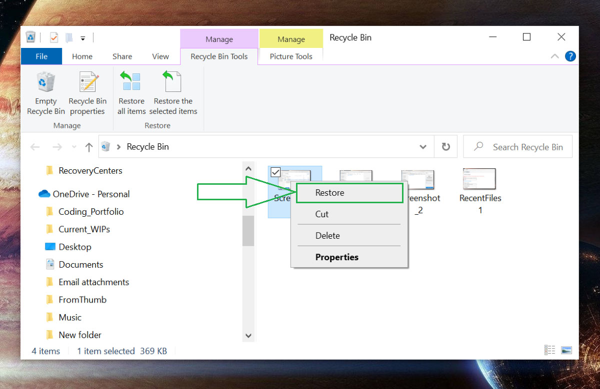 Restore files with right-click option in Windows Recycle Bin.