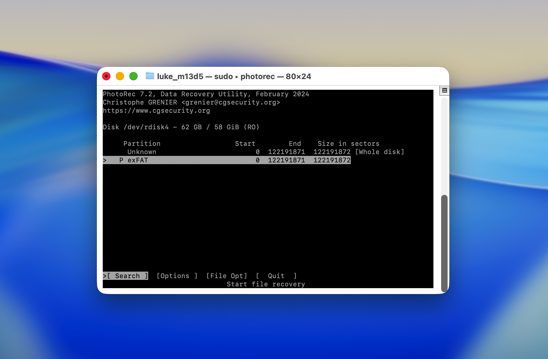Mac Terminal PhotoRec Partition auswählen
