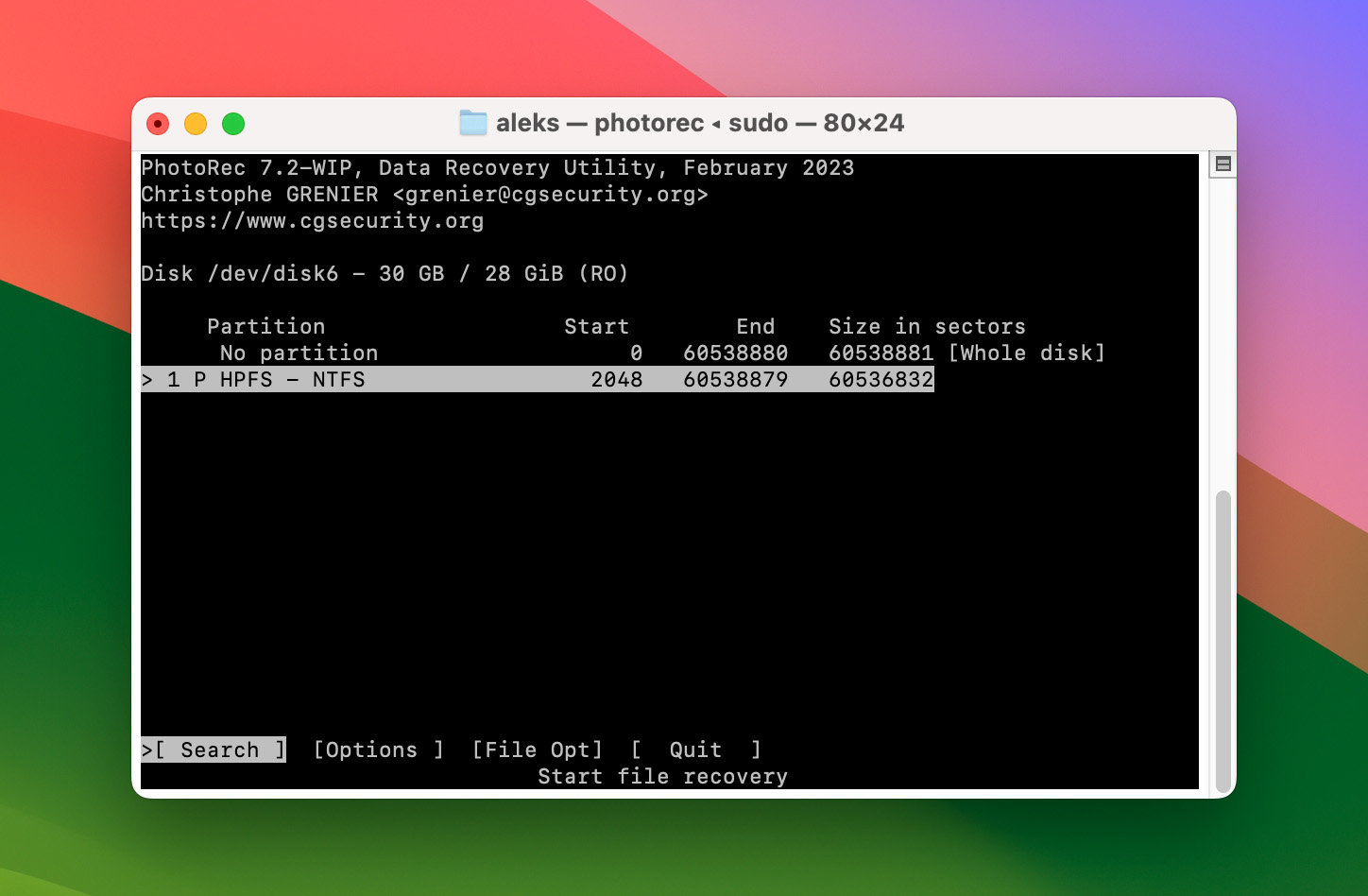 Mac Terminal PhotoRec Select Partition