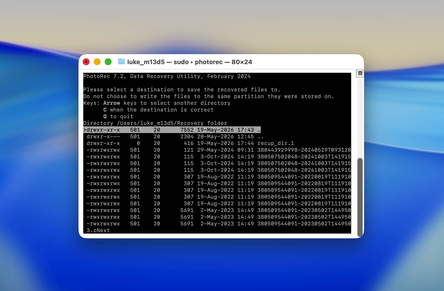 Mac Terminal PhotoRec Zielverzeichnis