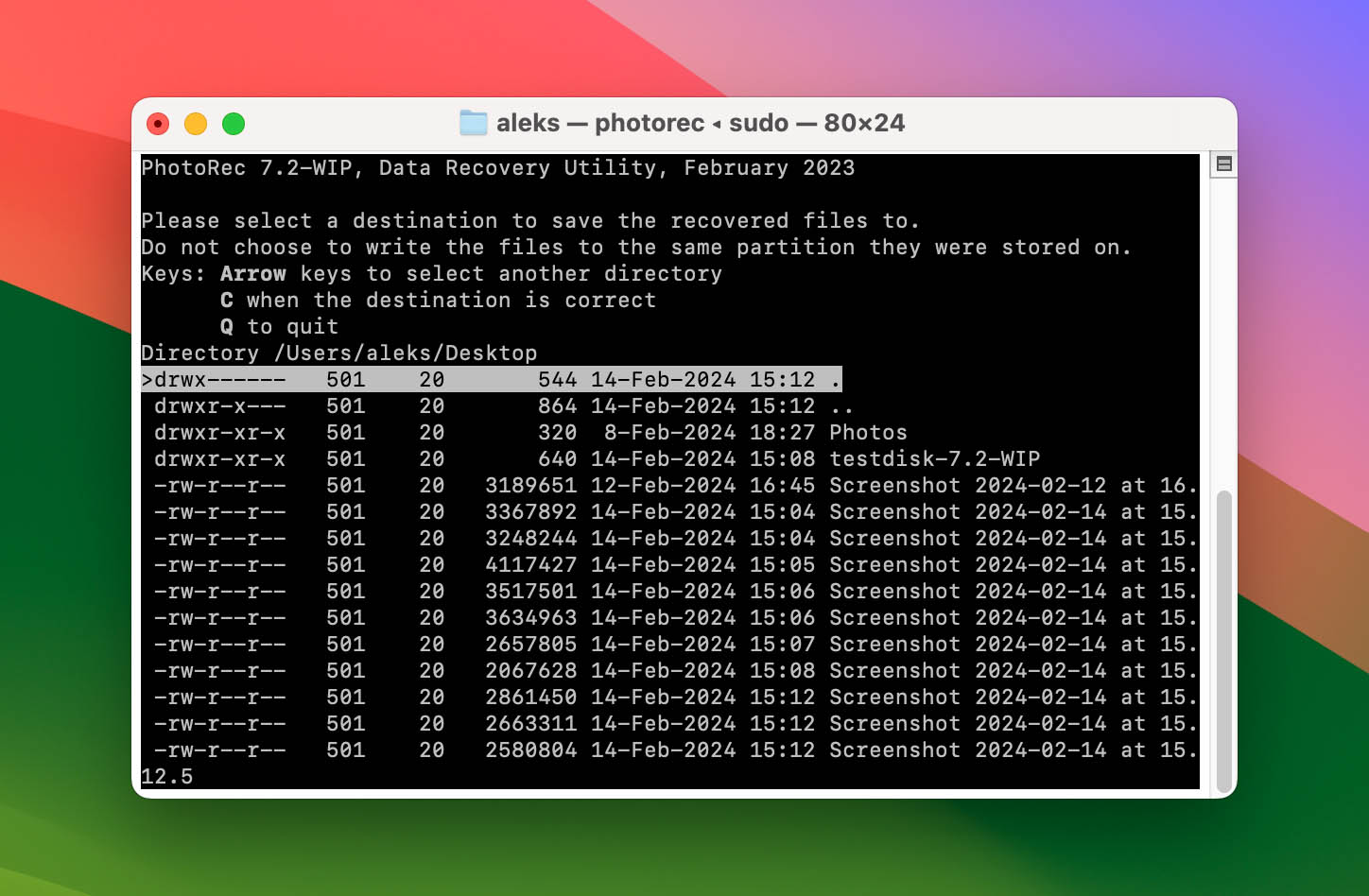 Mac Terminal PhotoRec Destination