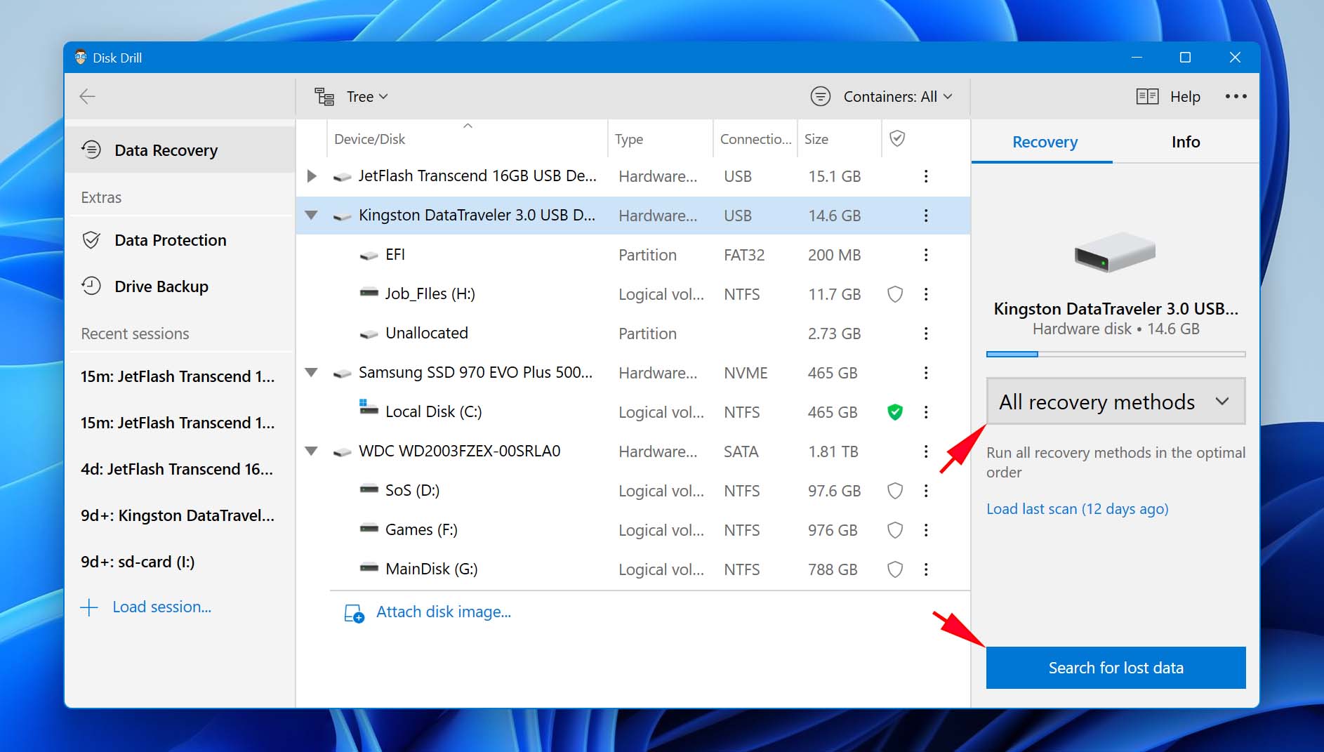 Start Search for lost data process.