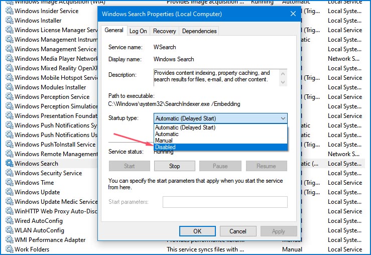 stop windows search service