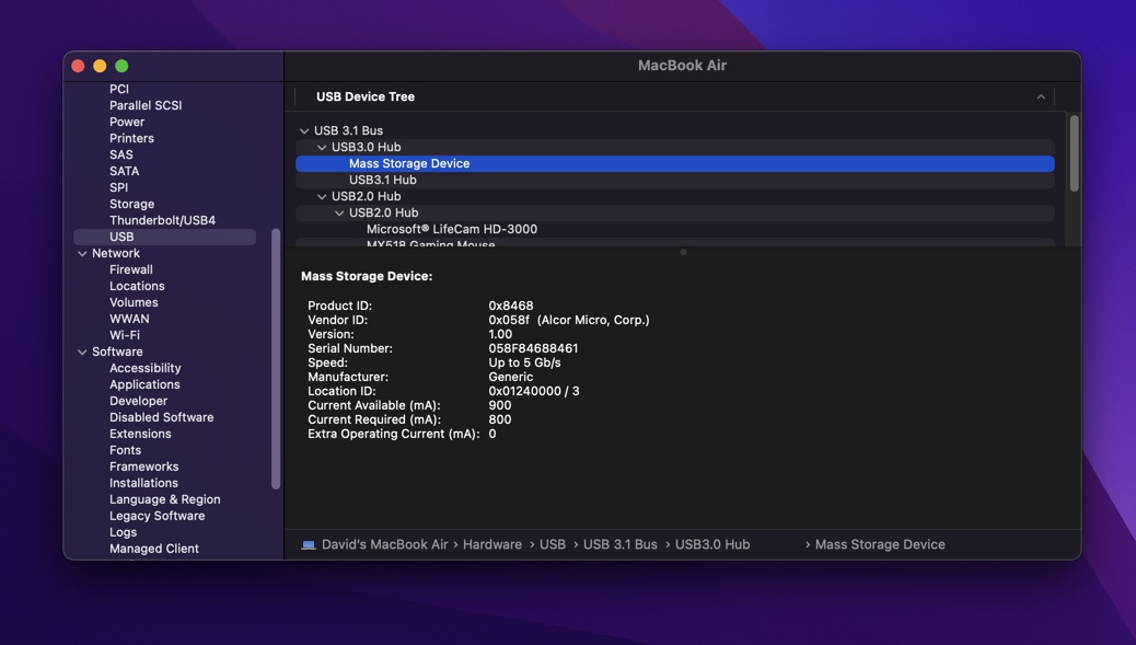 system information external usb