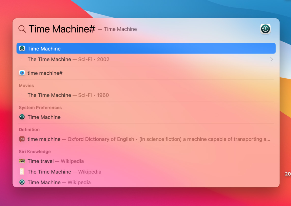 spotlight searching for time machine