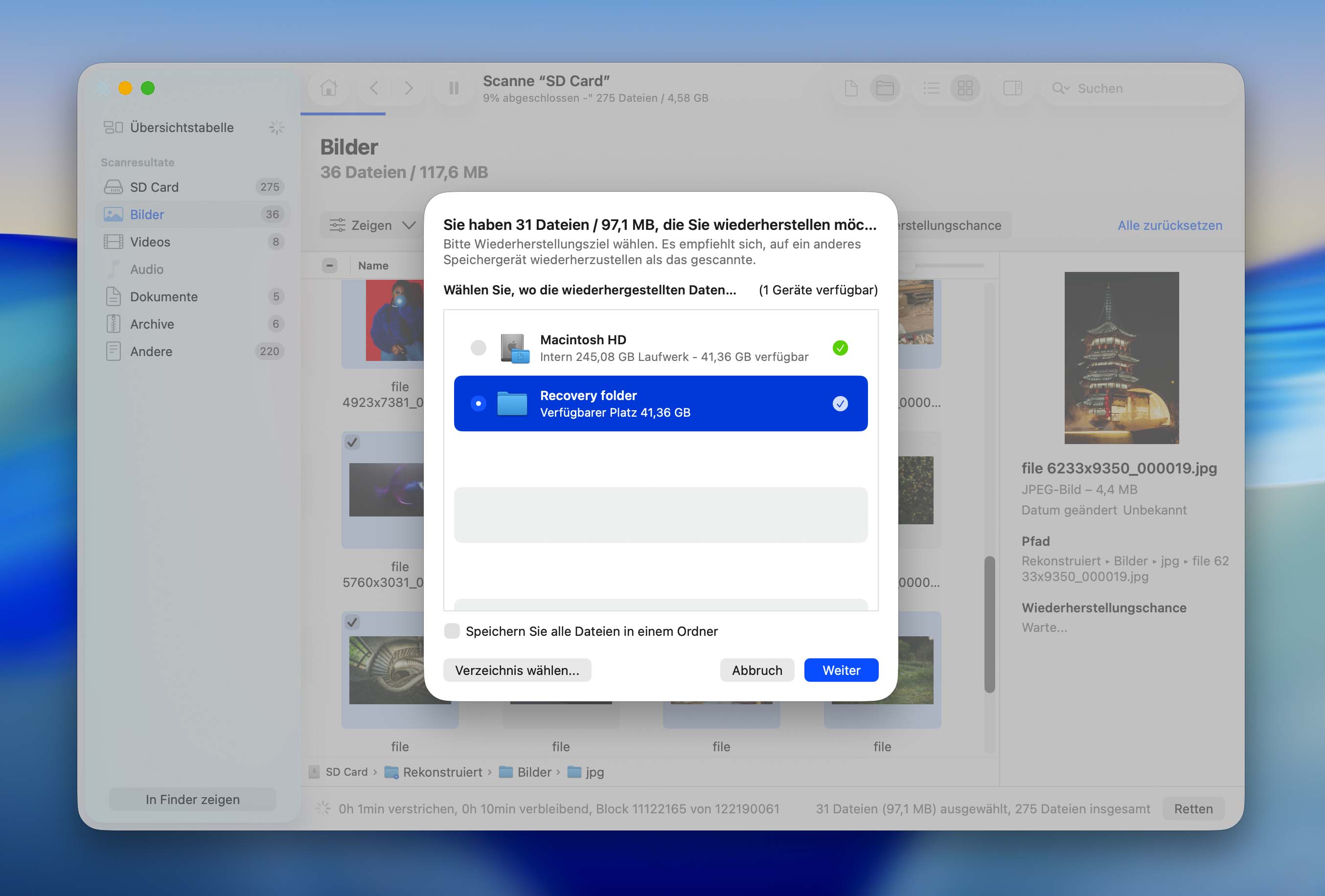 Mac Disk Drill Zielordner Wiederherstellung