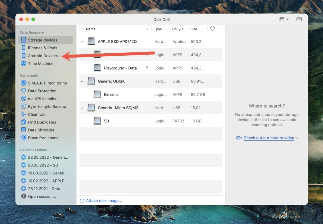 Disk Drill android devices macos select