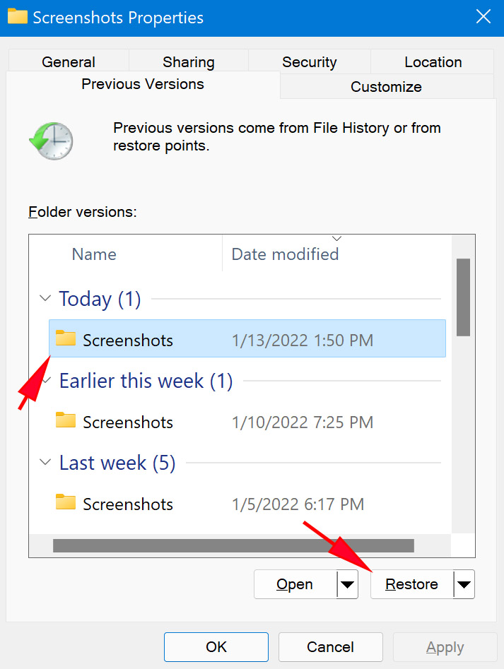 recover deleted files windows 10 using "Restore previous versions" feature