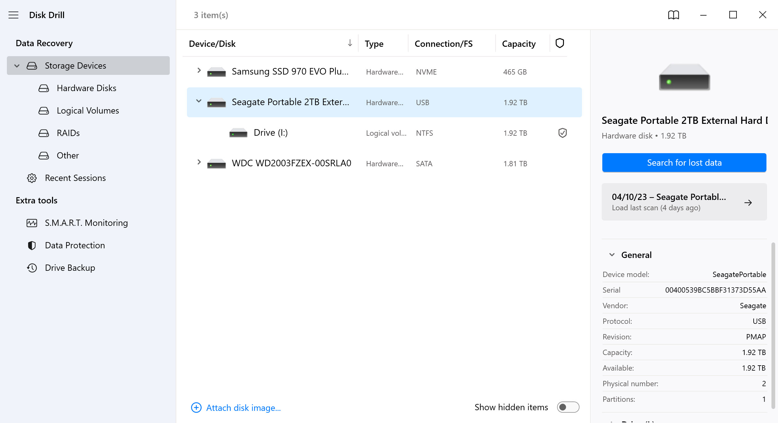 selecting the disk from Disk drill