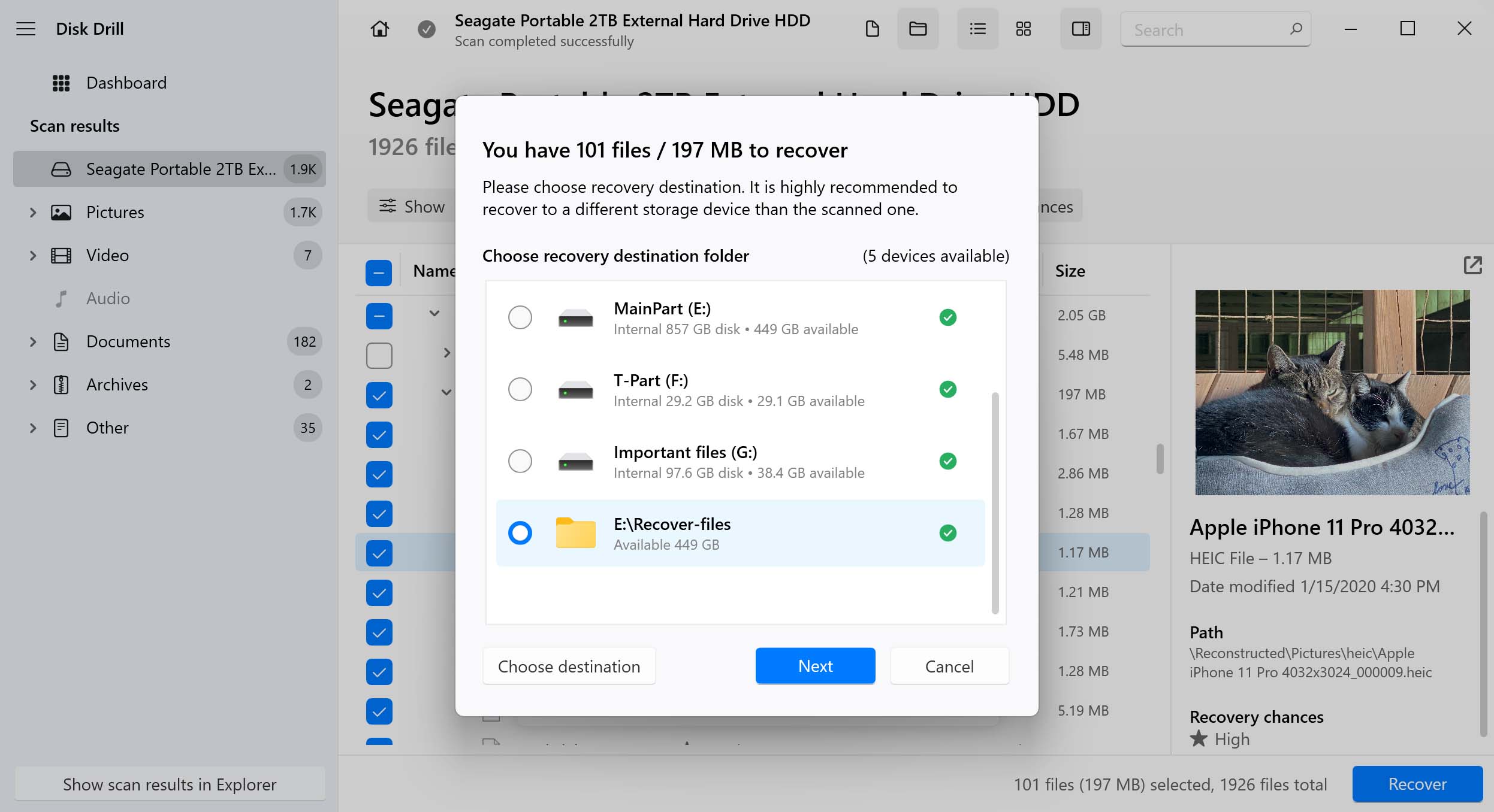 Pop-up window showing the option to select destination for the recovered files