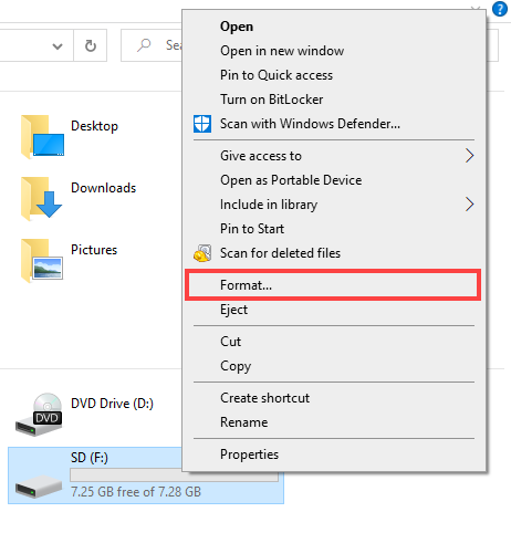 use the format option to fix corrupted sd card