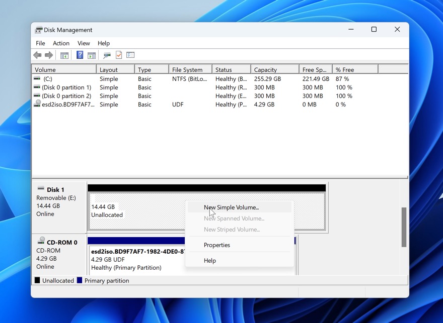 new simple volume windows create