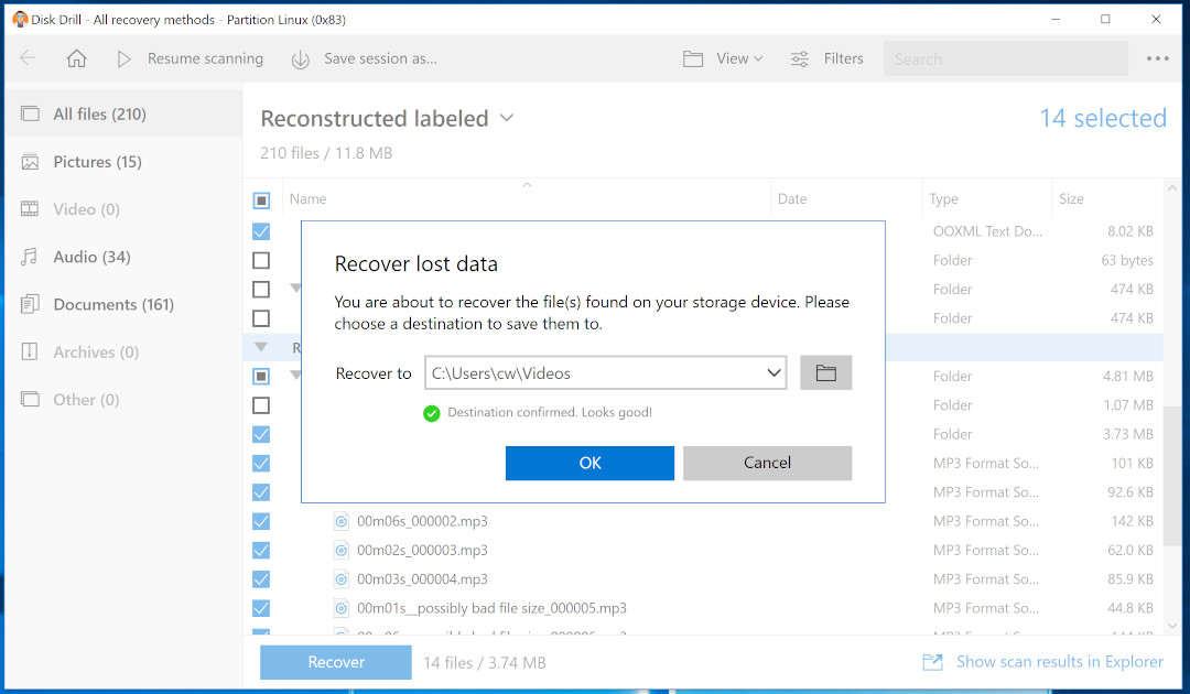 Selecting a location to house the recovered files.