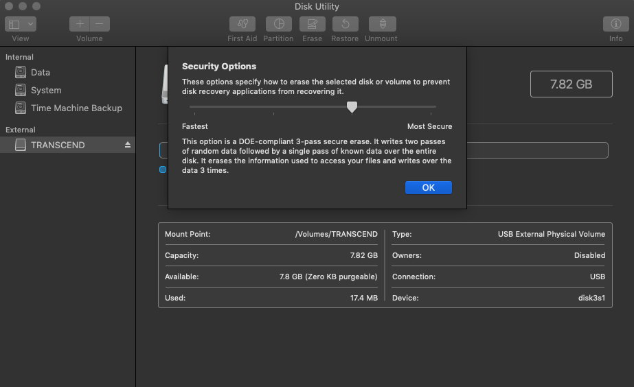 disk utility security options