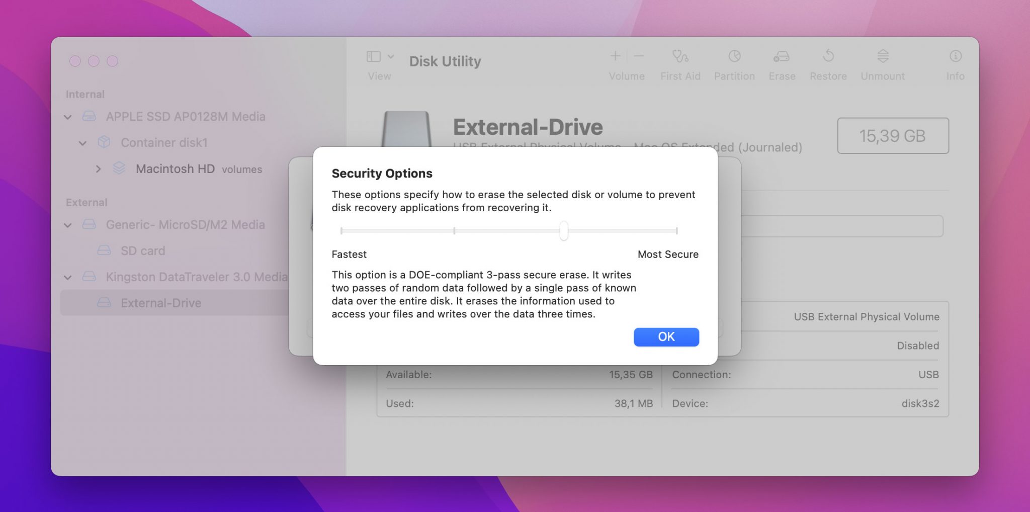 disk utility security options