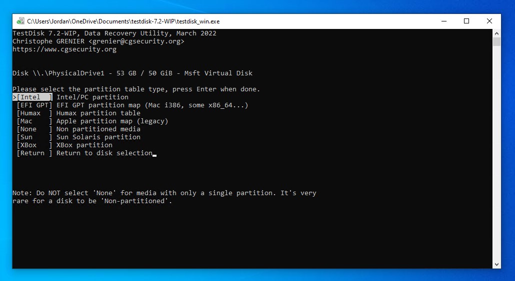 Choosing the partition table type.