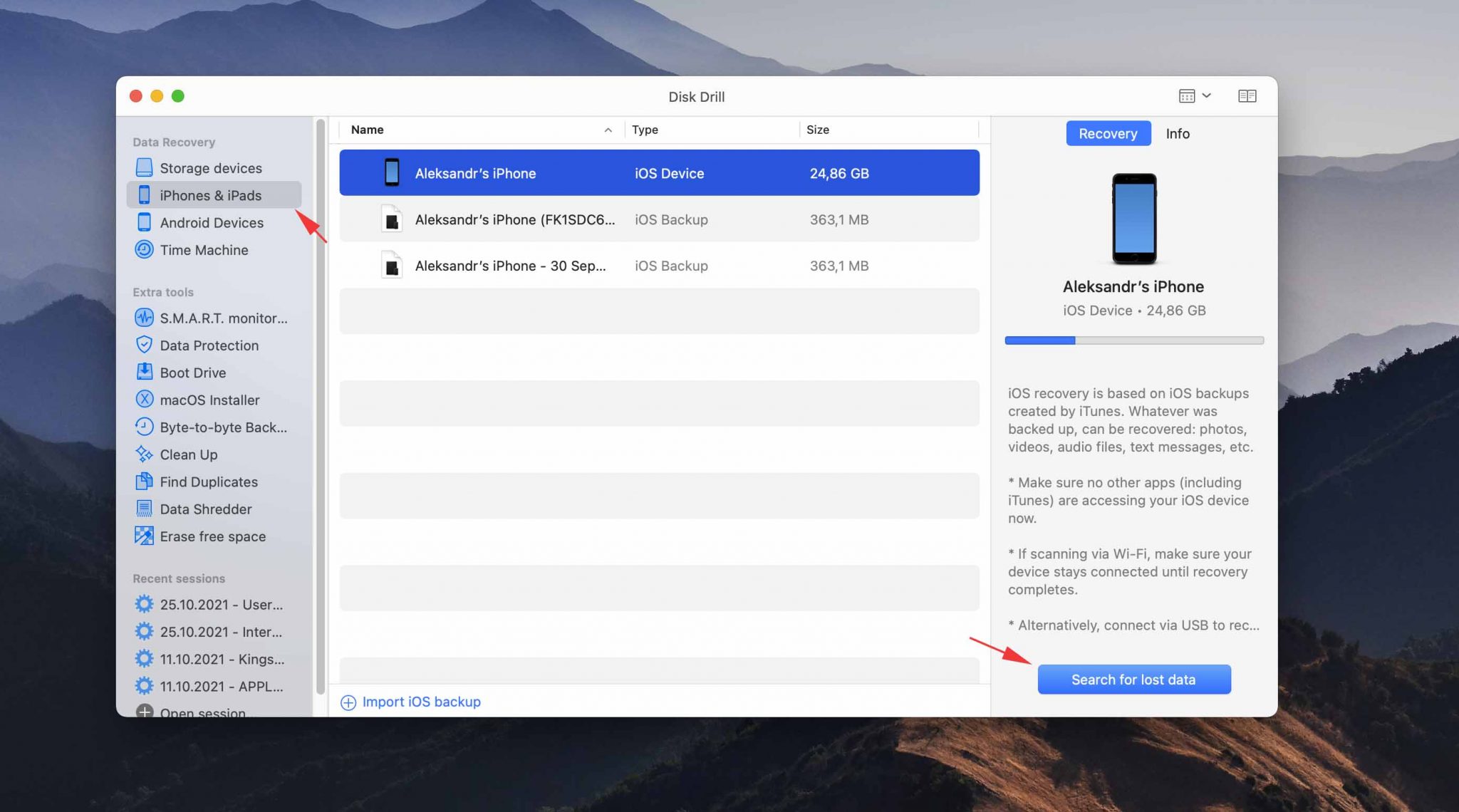 start scan your iphone with disk drill