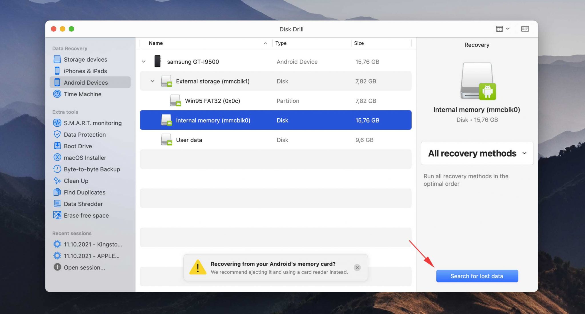 Click the Search for lost data button