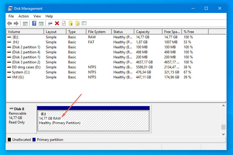 find raw usb drive via disk management windows