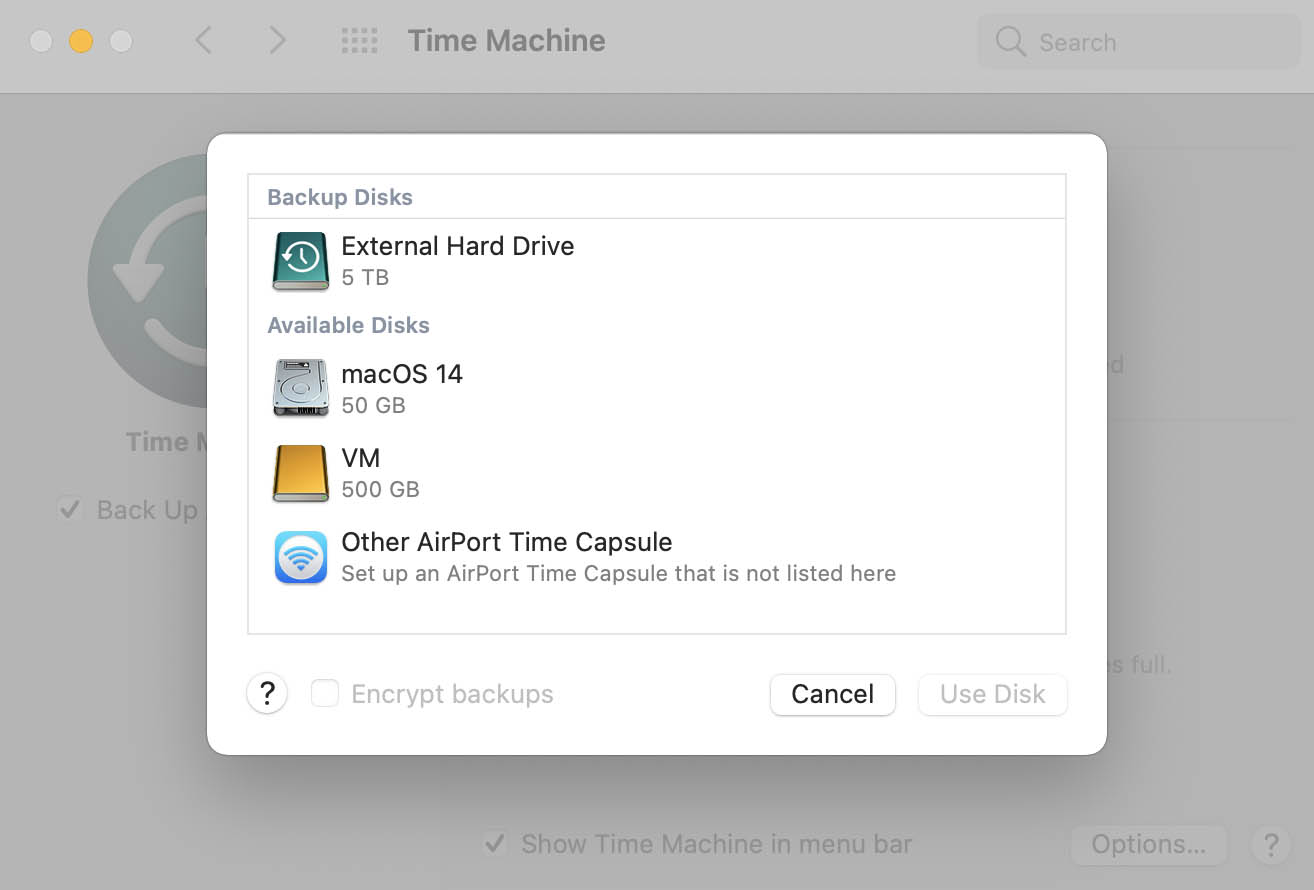 select backup disk for time machine
