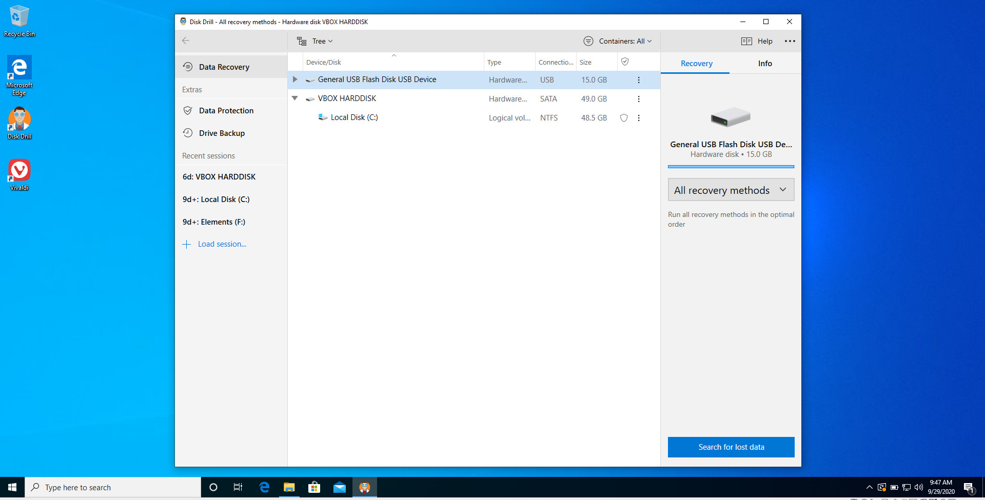 Selecting your USB drive from the main Disk Drill window.