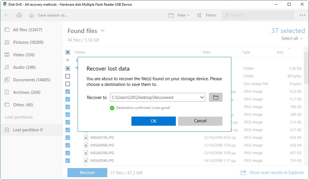 DIsk Drill Recovered Files Destination Folder Selection