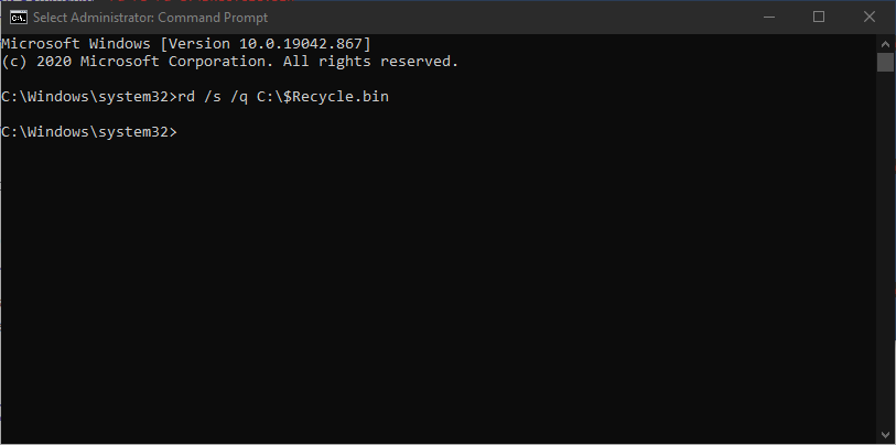 Reset the Recycle Bin Folder Using Command Prompt