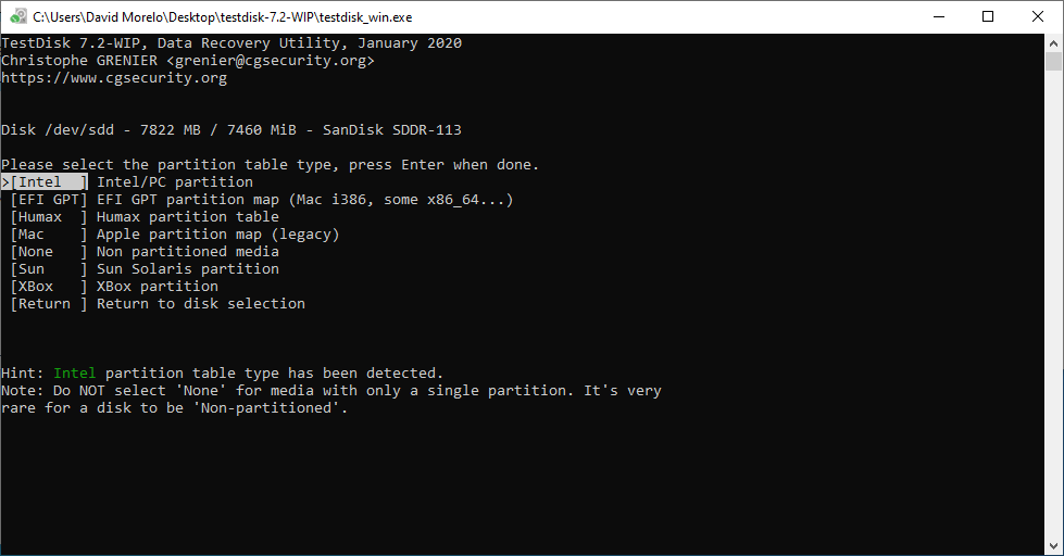 testdisk partition type