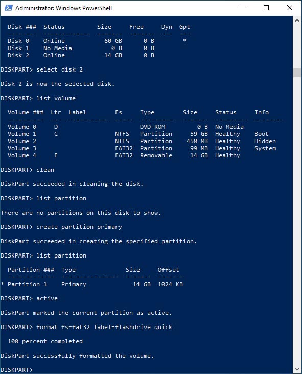 To format the partition on your SD card with DISKPART use the command format fs=filesystem label=name_of_storage_device