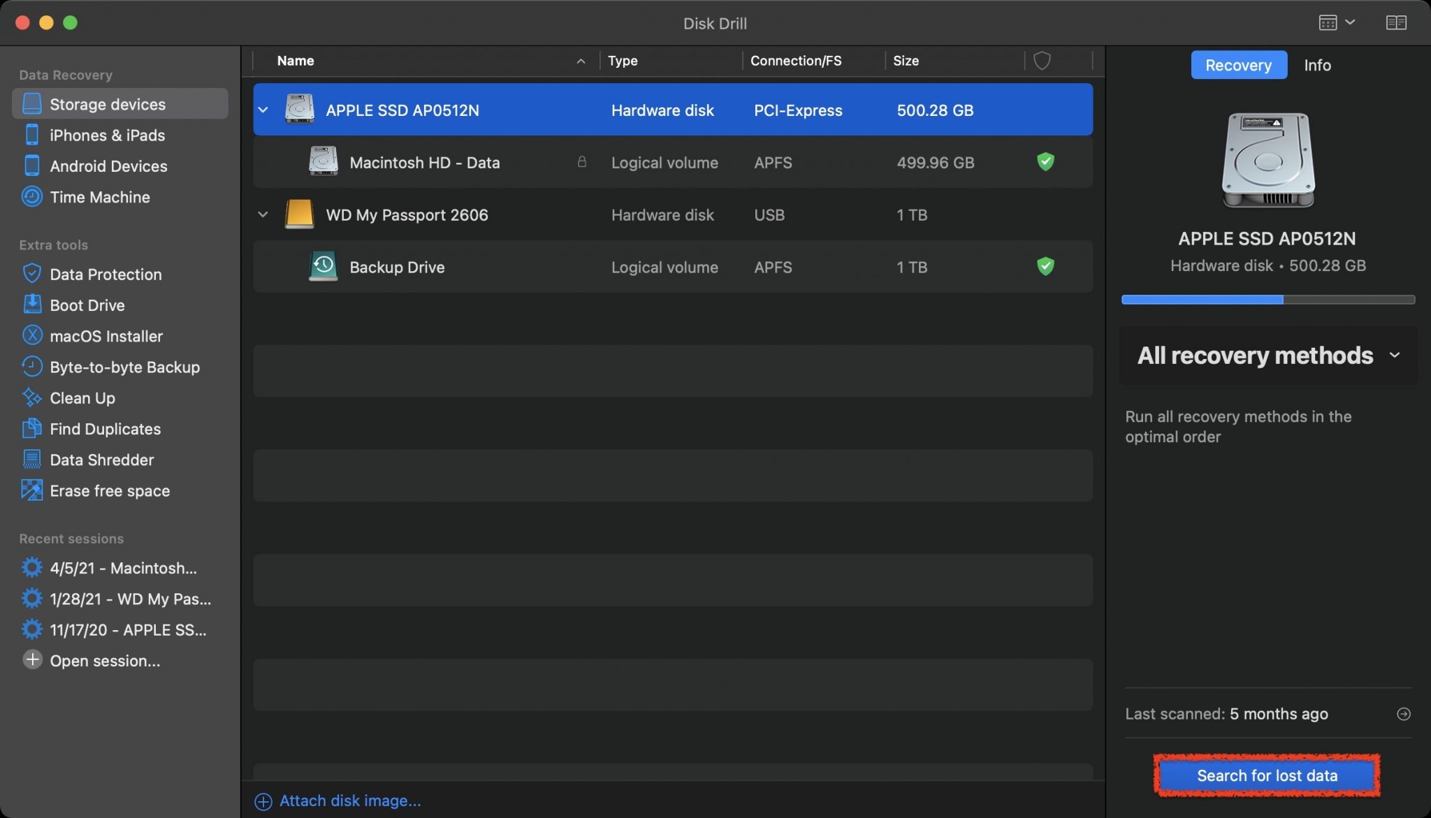 selecting the storage device to scan in disk drill