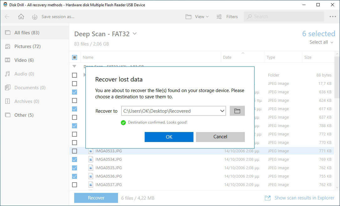 Choose target directory for Disk Drill's recovered files