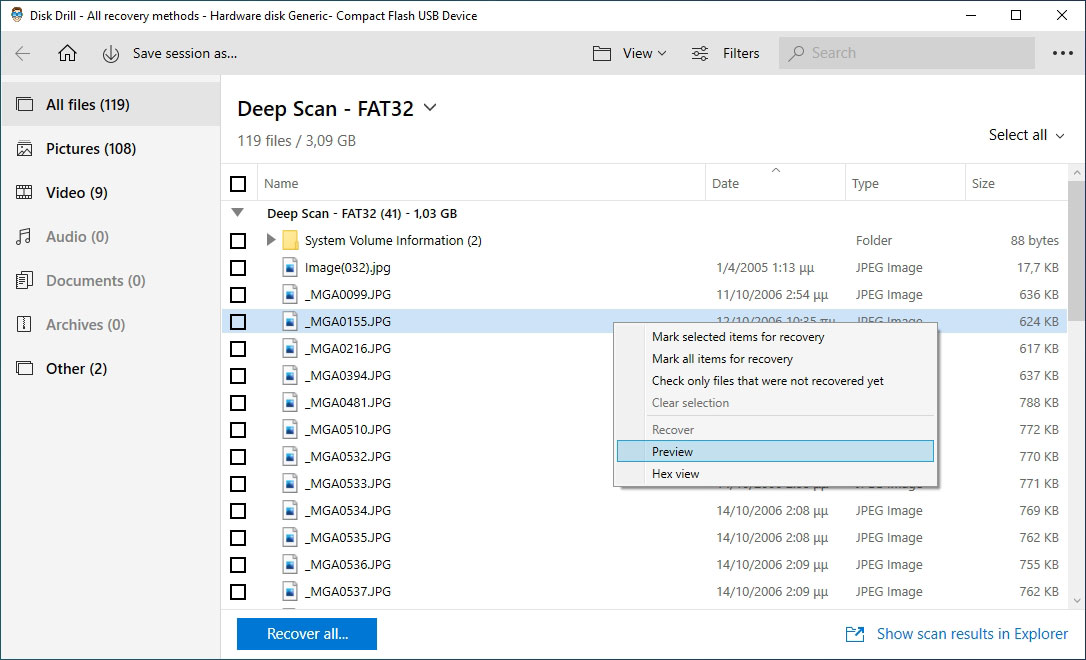 Right-click and choose Preview to check a file before recovering it