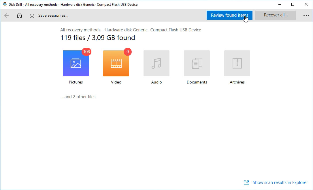 Select Review Found Items to check what Disk Drill found in your CF card