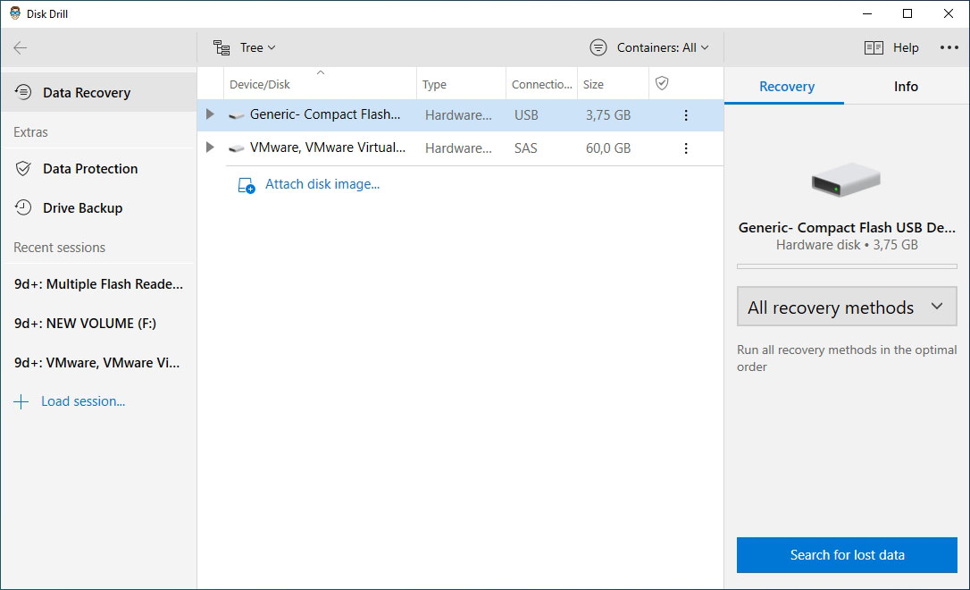 Select the CF from which to recover files from Disk Drill's Device List