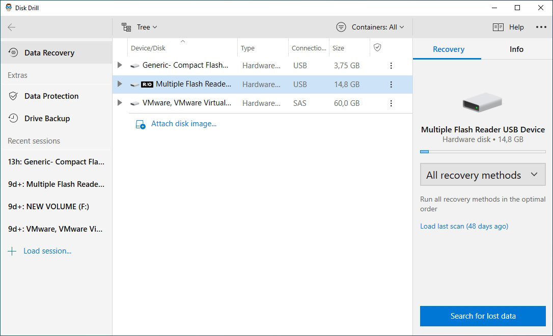 Select locked SD card in Disk Drill