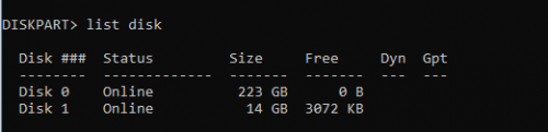 Diskpart list disk