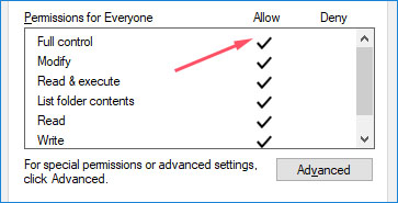 allow full control in security settings windows