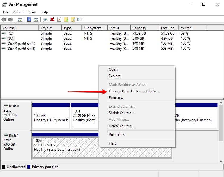 Choosing to add or change a drive letter.