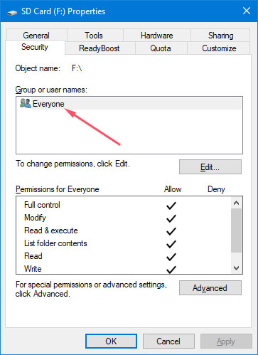 check security options of sd drive in windows