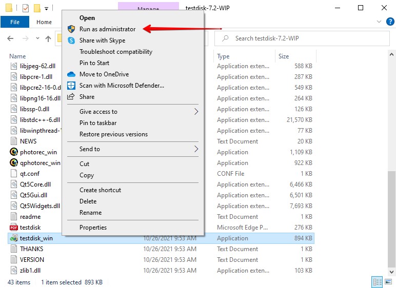 Opening TestDisk as an administrator.